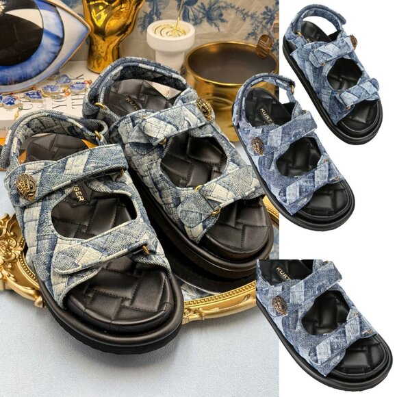🆕 KURT GEIGER LONDON 🧿 NWOB Orson Blue Denim Velcro Dad Sandals Sz EU38.5 US 8 - Picture 1 of 12